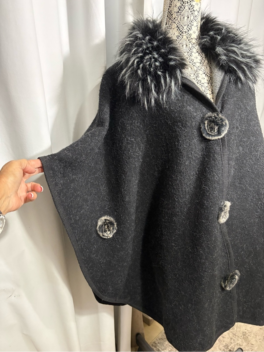 Black Faux Fur Collar Wool-Blend Cape with Decorative Pom Pom Buttons/Snaps